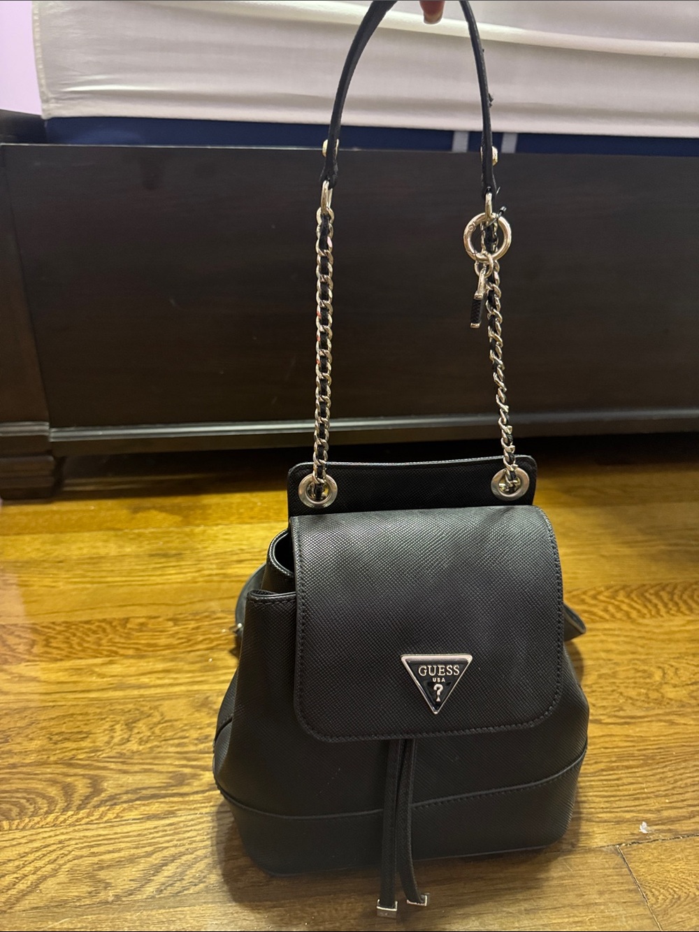GUESS Black Saffiano Backpack with Chain-Strap Detail
